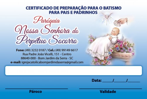 Certificado curso de preparação para o Batismo pais e padrinhos 10X15 Mod.01