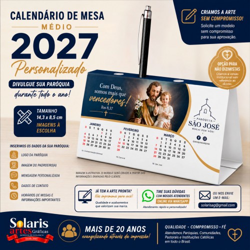 Calendário de Mesa Médio 2027 Personalizado Modelo Frente e Verso 14,3x8,5cm Imagens a escolher