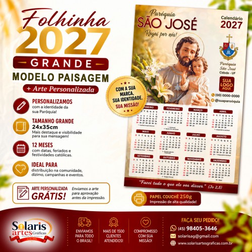 Folhinha 2027 Grande Modelo Paisagem + Arte Personalizada 24x35cm