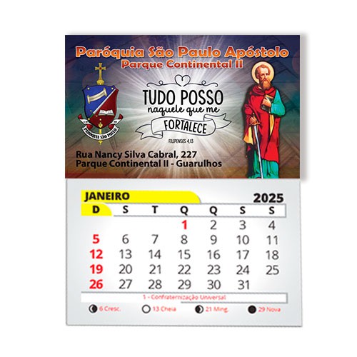 Ima de geladeira 8x5 com calendário 2026 São Páulo Apóstolo Cód05 e outros Padroeiros