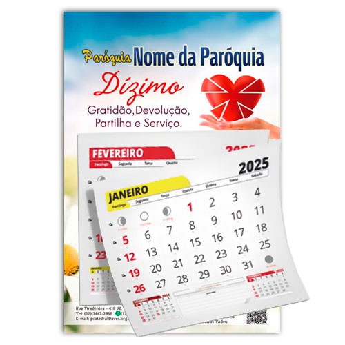 Calendário Médio 18x27 com Bloco 2025 Dizimo Gratidão, Devolução, Partilha e Serviço