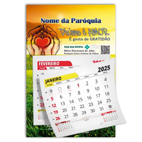 Calendário Médio 18x27 com Bloco 2025 Dizimo é amor, é gesto de gratidão