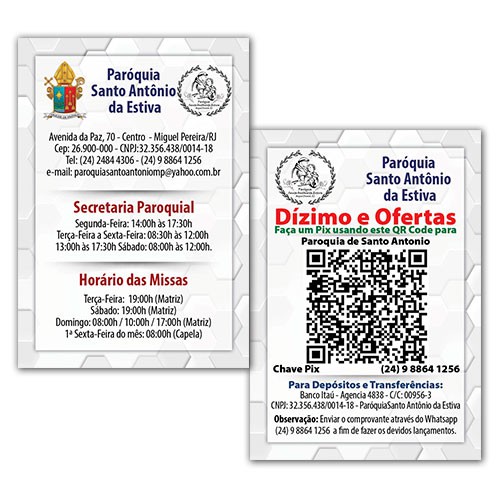 Cartão Personalizado informações da Igreja e QR Code para dizimo e doações 6,5x9,5cm 500un
