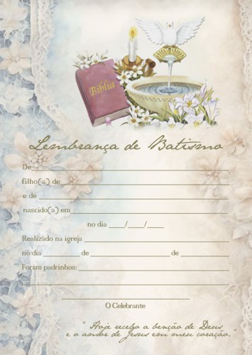Lembrança Certificado Diploma de Batismo BTS2501 Tam. 21x29,7cm