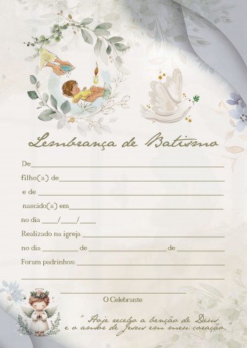 Lembrança Certificado Diploma de Batismo BTS2502 Tam. 21x29,7cm