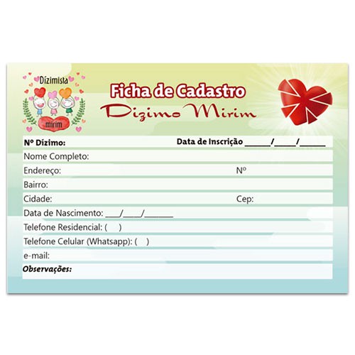 Ficha para Incrição Novos Dizimistas Mirins Supremo 300g 100un Cod.2504