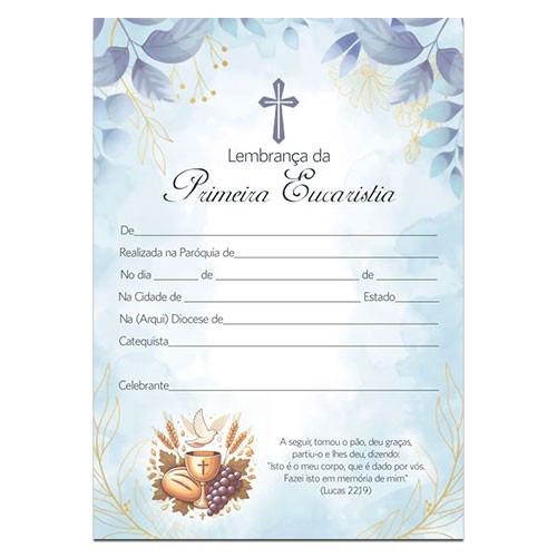 CE10 Certificado de Primeira Eucaristia Lembrança de Primeira Comunhão 21x29,7