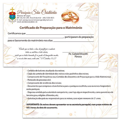 Certificado curso de preparação para o Matrimonio 10X15 Mod.01
