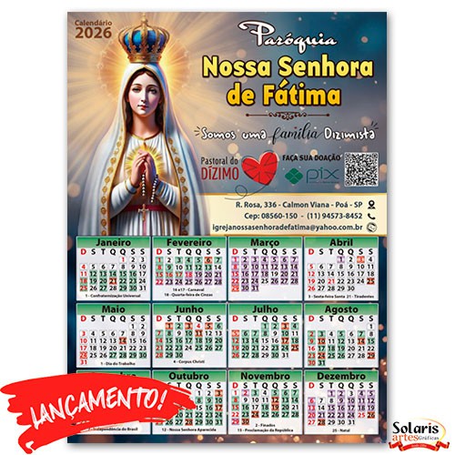 Folhinha em Cores Litúrgicas 19,8x26,8cm 2026  IMAGEM A ESCOLHER Personalizada