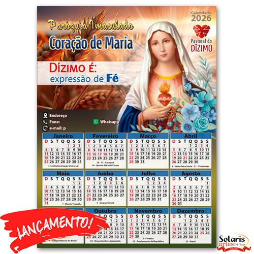 Folhinha Catolica Padroeiro 19,8x26,8cm 2026 IMAGEM A ESCOLHER Personalizada