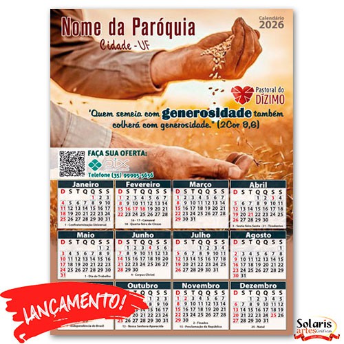 Folhinha 19,8x26,8cm 2026 Personalizada Dízimo COD.04