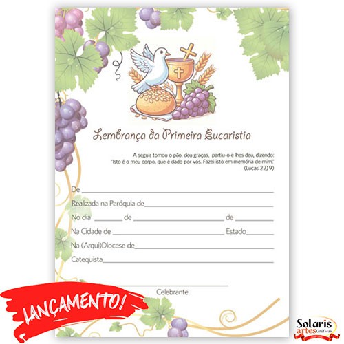 CE12 Certificado de Primeira Eucaristia Lembrança de Primeira Comunhão 21x29,7 