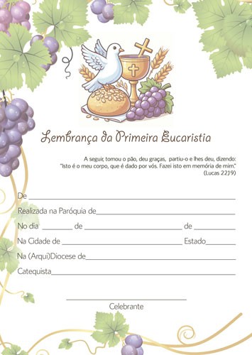 CE12 Certificado de Primeira Eucaristia Lembrança de Primeira Comunhão 21x29,7 