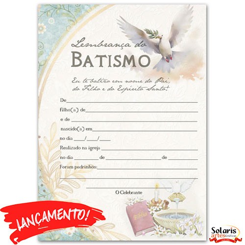 Lembrança Certificado Diploma de Batismo BTS2503 Tam. 21x29,7cm