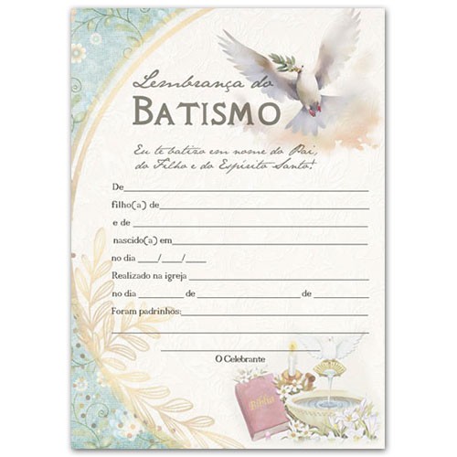Lembrança Certificado Diploma de Batismo BTS2503 Tam. 21x29,7cm