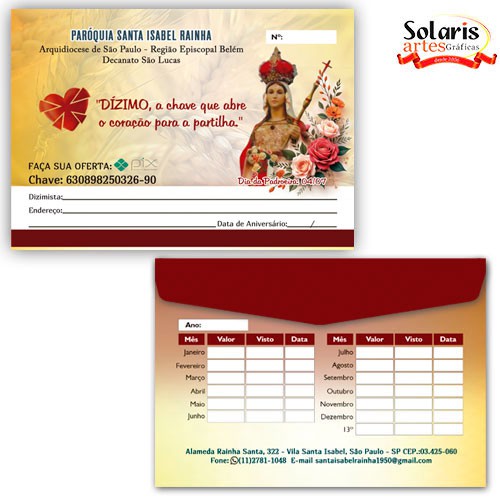 Envelope do Dízimo Personalizado Santa Isabel Rainha Cod. 3469 IMAGEM A ESCOLHER