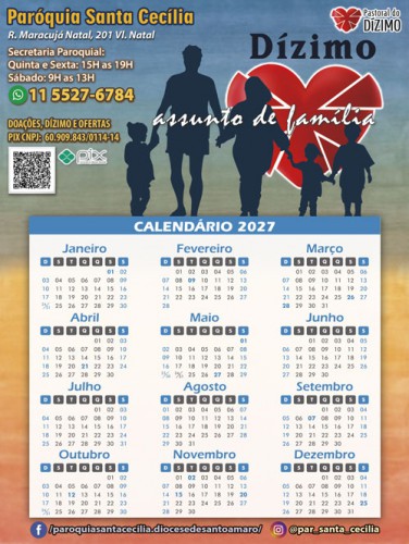 Calendário Dízimo Assunto de Familia 20x27cm com bloco 2026 Personalizado