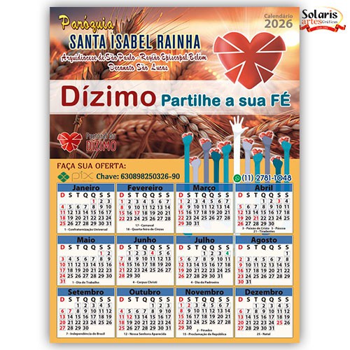 Folhinha 2026 Dizimo Partilhe a Sua Fe 19,8x26,8cm Personalizada
