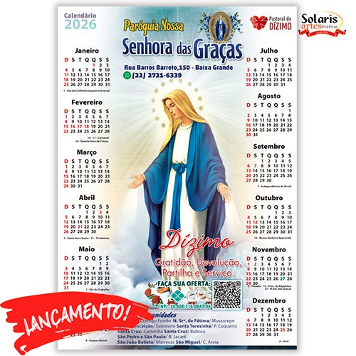 Folhinha Grande 24x35cm 2026 Nossa Senhora das Graças Personalizada