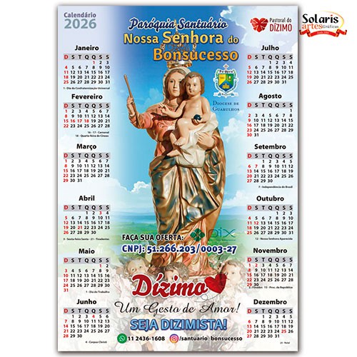Folhinha Grande 24x35cm 2026 Nossa Senhora das Graças Personalizada