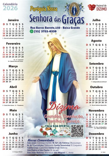 Folhinha Grande 24x35cm 2026 Nossa Senhora do Carmo Personalizada 