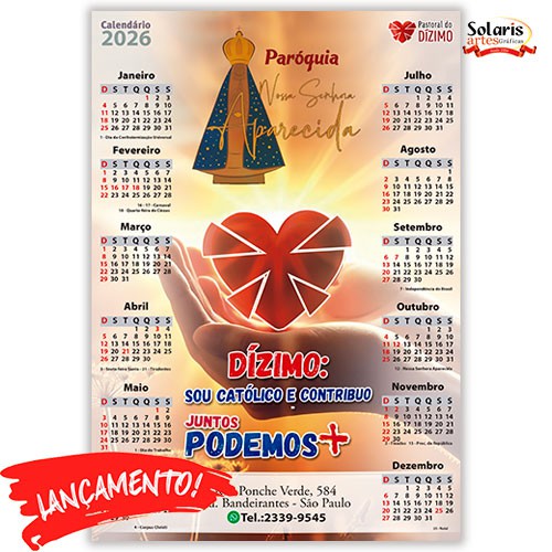 Folhinha Grande 24x35cm 2026 Nossa Senhora Aparecida Personalizada 