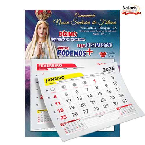 Calendário 20x27cm com bloco 2026 Personalizado Nossa Senhora de Fatima
