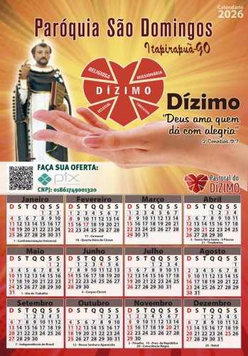 Folhinha Grande 24x35cm 2026 Personalizada Modelo Dízimo