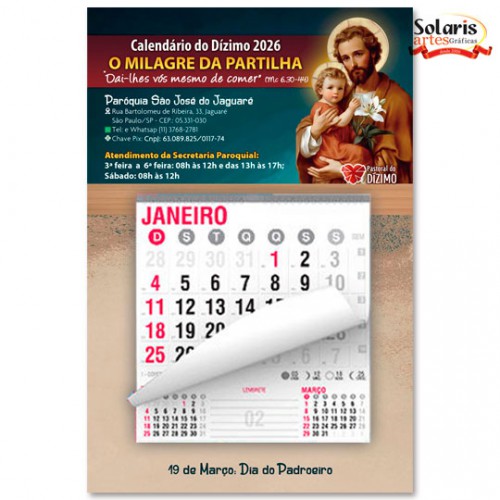 Calendário 18x27cm com bloco 2026 Personalizado São José, O milagre da Partilha