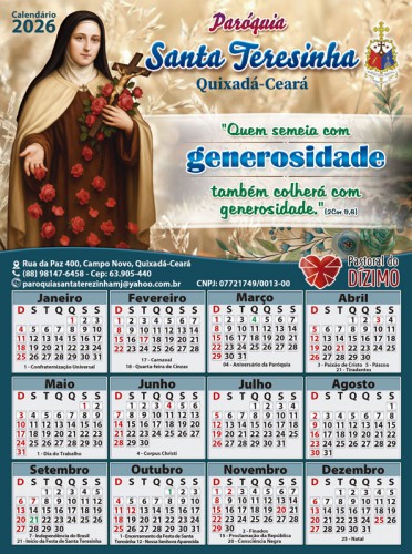 Folhinha do Dízimo Católico 2026 Arte Personalizada Santa Teresinha