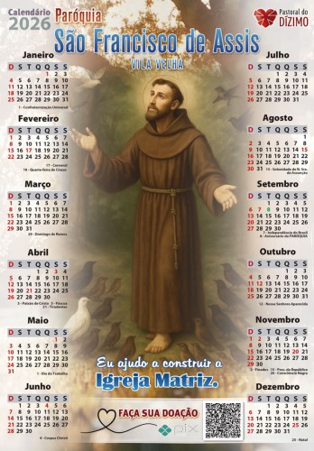 Folhinha Grande 24x35cm 2026 Personalizada São Francisco de Assis