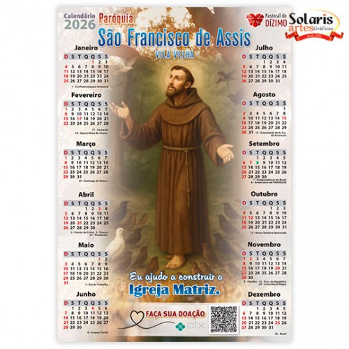 Folhinha Grande 24x35cm 2026 Personalizada São Francisco de Assis