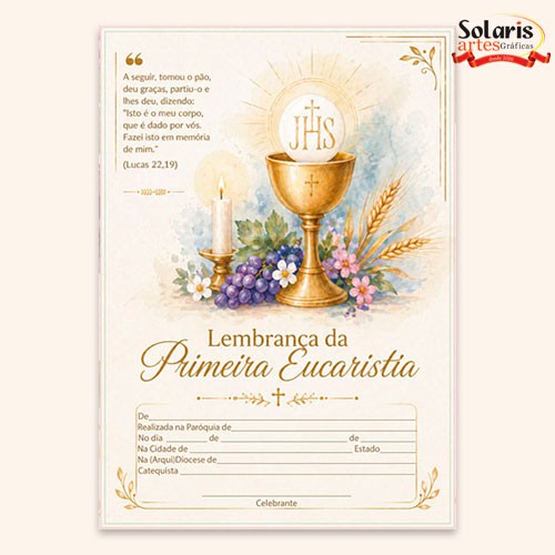 CE0015 Certificado de Primeira Eucaristia Lembrança de Primeira Comunhão 21x29,7 