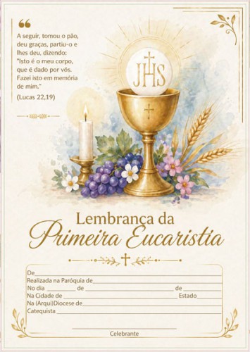 CE0015 Certificado de Primeira Eucaristia Lembrança de Primeira Comunhão 21x29,7 