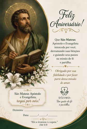 CA2607 Cartão de Aniversário para Dizimistas São Mateus Apostolo e Evangelista