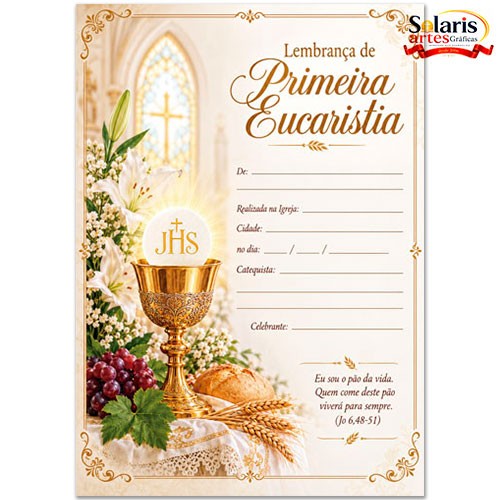 CE2610 Certificado de Primeira Eucaristia – Lembrança de Primeira Comunhão – A4 (21x29,7cm)
