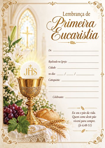 CE2610 Certificado de Primeira Eucaristia – Lembrança de Primeira Comunhão – A4 (21x29,7cm)